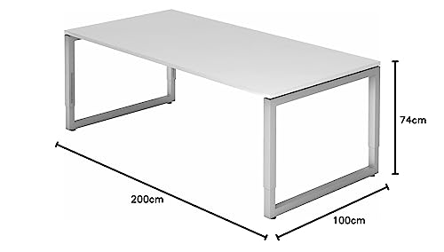 bümö R-Serie Schreibtisch 200x100 cm, Weiß/Silber, Manuell höhenverstellbar, Großer PC-Tisch