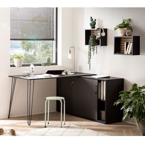 Lomadox Eckschreibtisch Schwarz, moderner Büroarbeitsplatz mit integriertem Aktenschrank