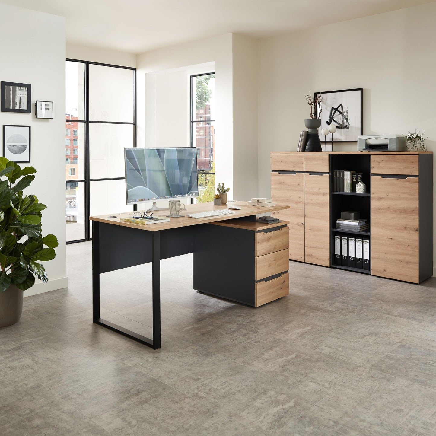 Stella Trading Schreibtisch Artisan Eiche/Graphit, Metallgestell & Rollcontainer, 150x77x73 cm