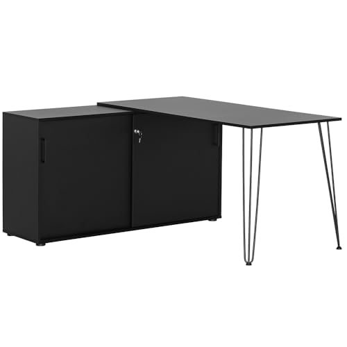 Lomadox Eckschreibtisch Schwarz, moderner Büroarbeitsplatz mit integriertem Aktenschrank