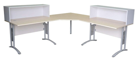 Empfangstheke Ahorn/Weiß, 2 Arbeitsplätze mit Sichtschutz, integrierte Schreibtische, Winkeltheke