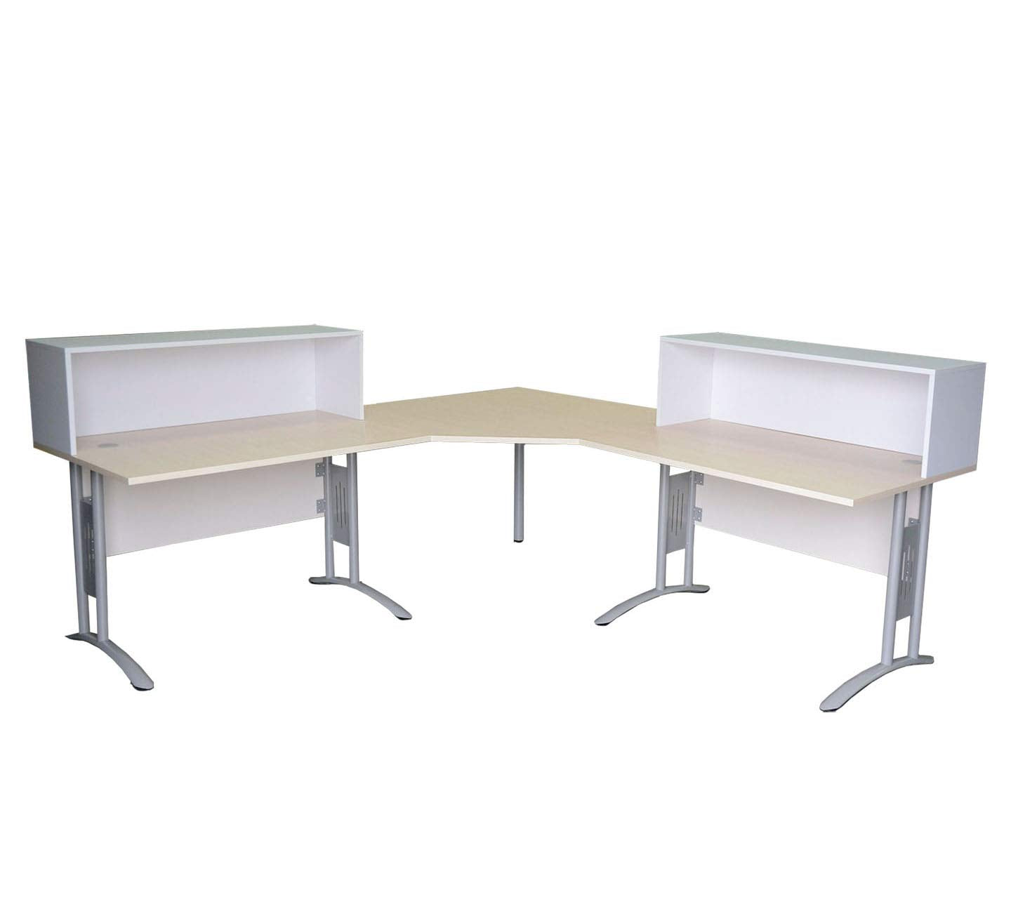 Empfangstheke Ahorn/Weiß, 2 Arbeitsplätze mit Sichtschutz, integrierte Schreibtische, Winkeltheke