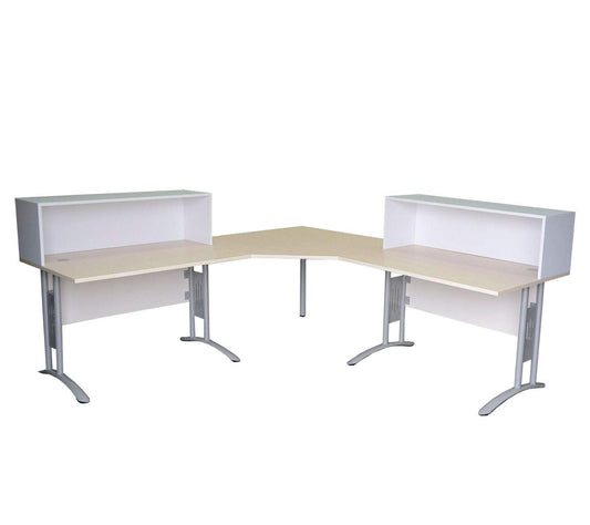 Empfangstheke Ahorn/Weiß, 2 Arbeitsplätze mit Sichtschutz, integrierte Schreibtische, Winkeltheke