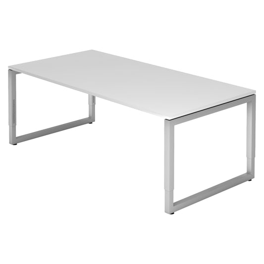bümö R-Serie Schreibtisch 200x100 cm, Weiß/Silber, Manuell höhenverstellbar, Großer PC-Tisch