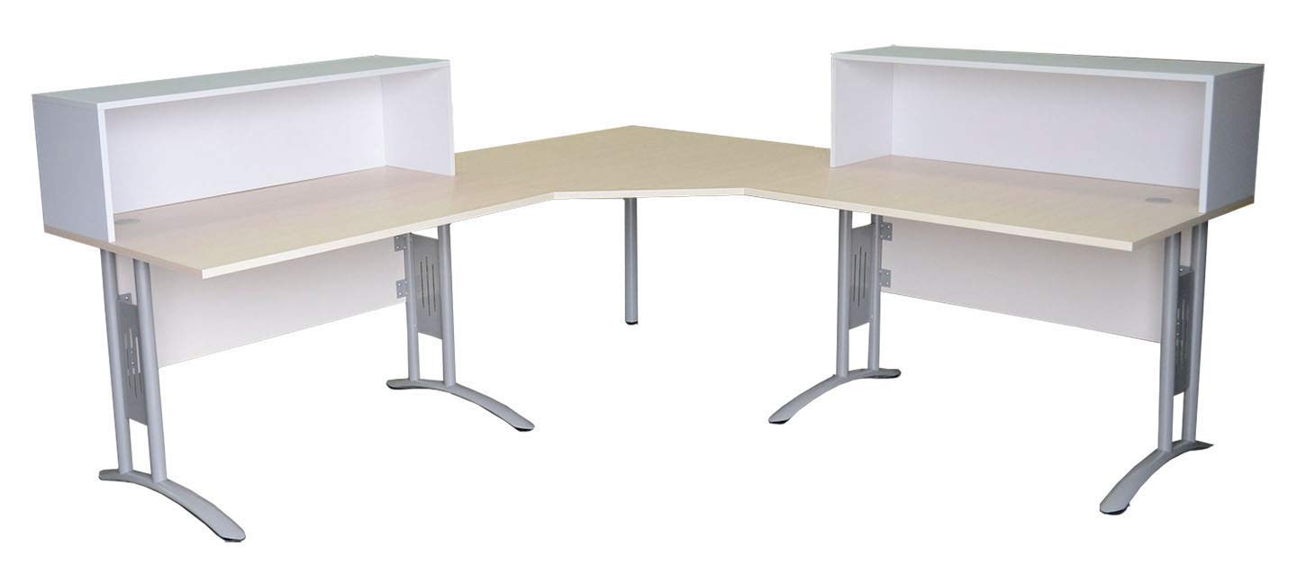 Empfangstheke Ahorn/Weiß, 2 Arbeitsplätze mit Sichtschutz, integrierte Schreibtische, Winkeltheke