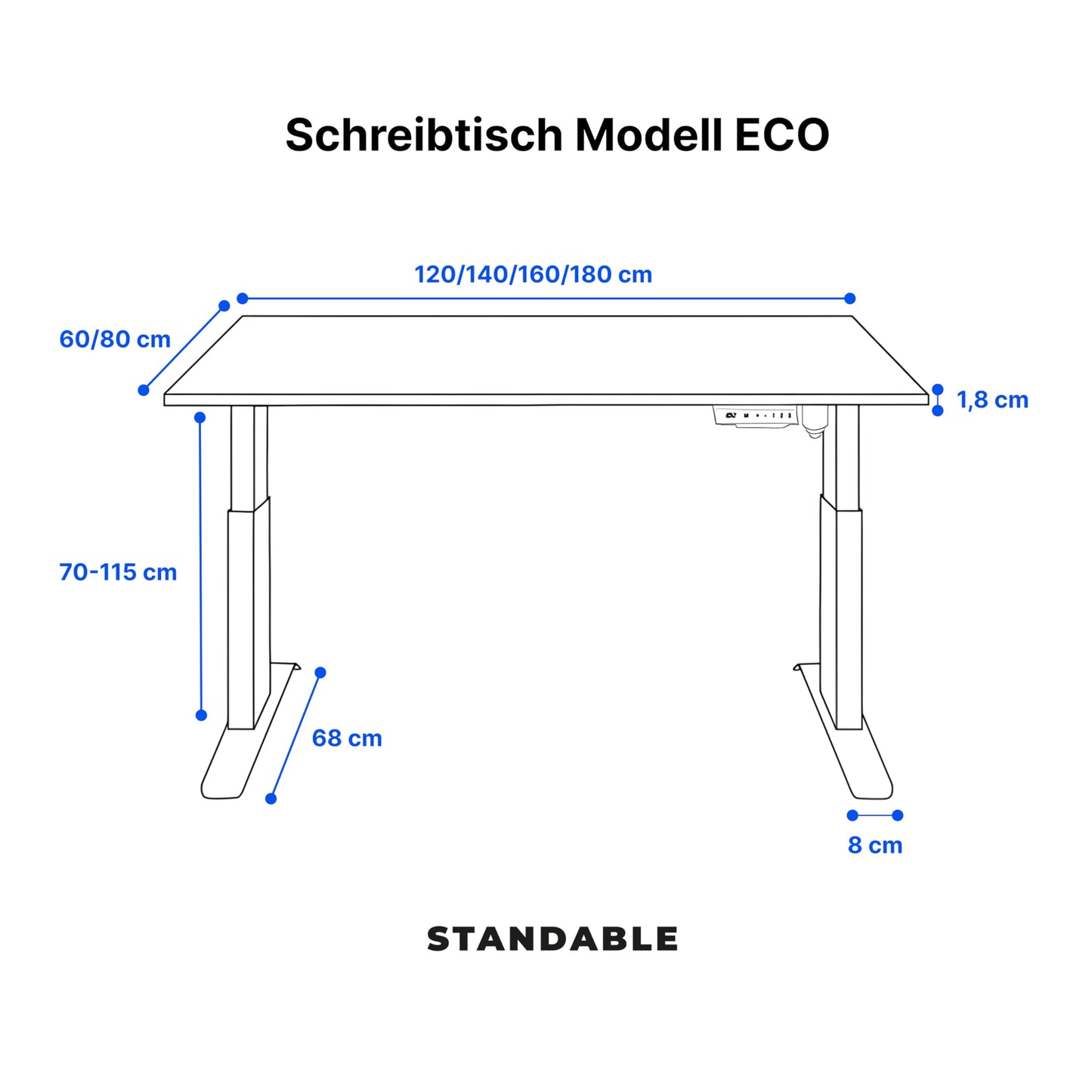 Standable ECO 160x80 cm, Elektrisch höhenverstellbar (70-115 cm), 3 Speicherstufen