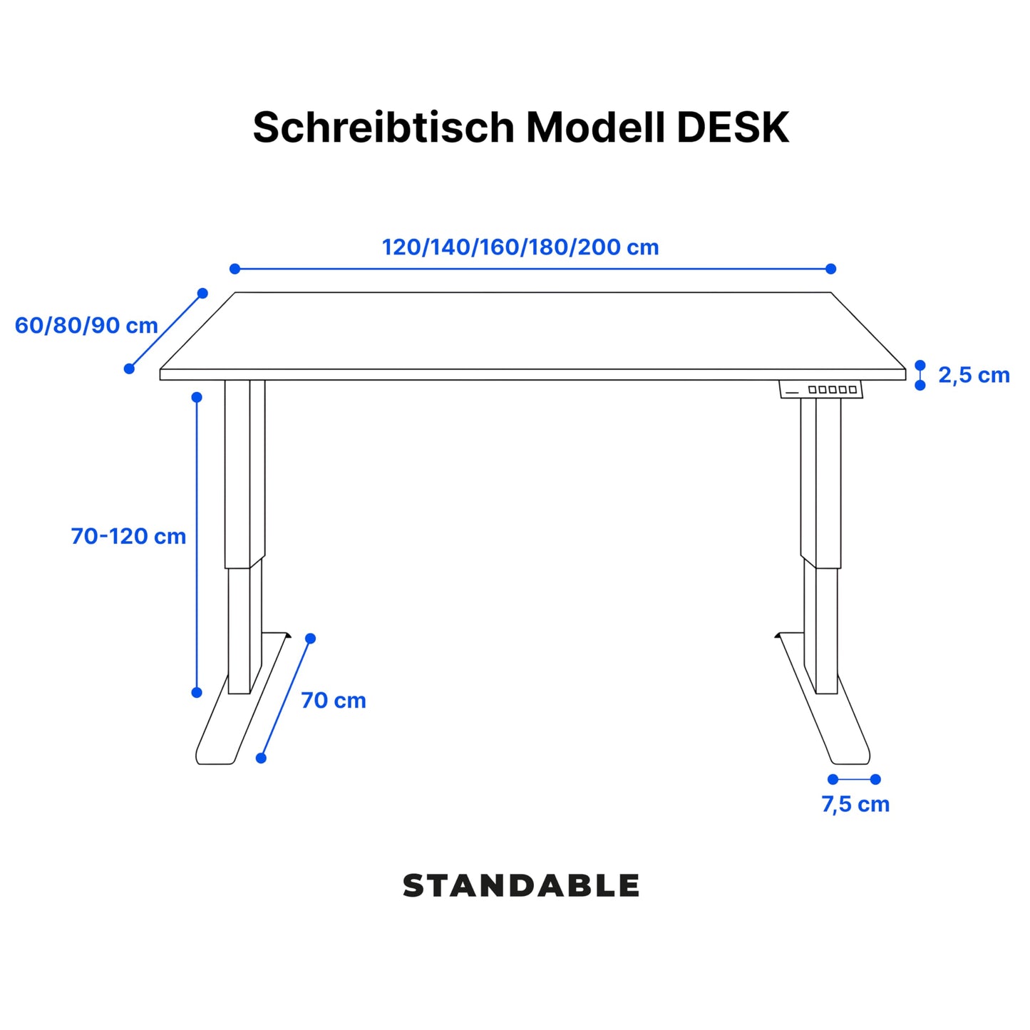 Standable Desk 180x90 cm, Elektrisch höhenverstellbar (70-120 cm), 4 Speicherstufen, Ergonomisch