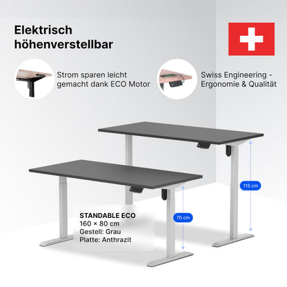 Standable ECO 160x80 cm, Elektrisch höhenverstellbar (70-115 cm), 3 Speicherstufen