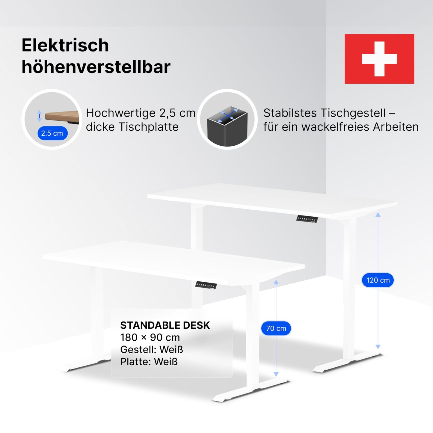 Standable Desk 180x90 cm, Elektrisch höhenverstellbar (70-120 cm), 4 Speicherstufen, Ergonomisch