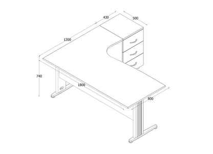 Furni24 Dona Winkeltisch Eiche, 180x120x74 cm, inkl. Beistellcontainer rechts gewinkelt