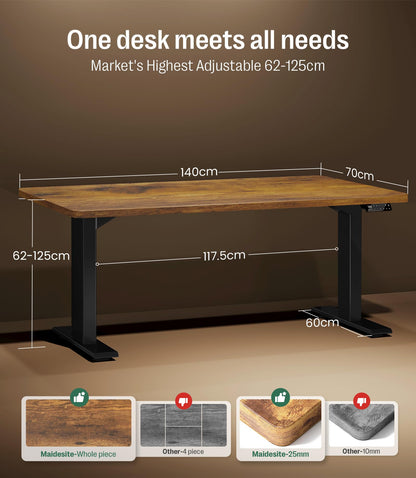 MAIDeSITe S2 Pro 140x70 cm, Elektrisch höhenverstellbar, Dualmotor (160kg Last), Kollisionsschutz