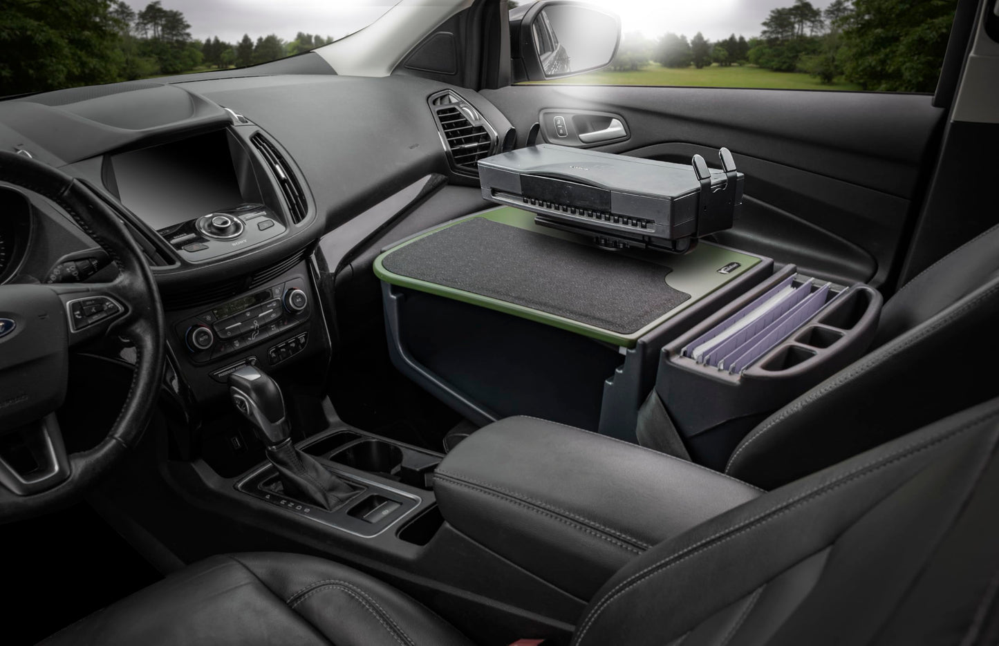 AutoExec Efficiency GripMaster KFZ-Schreibtisch, Armeegrün, mit Druckerständer für mobiles Büro