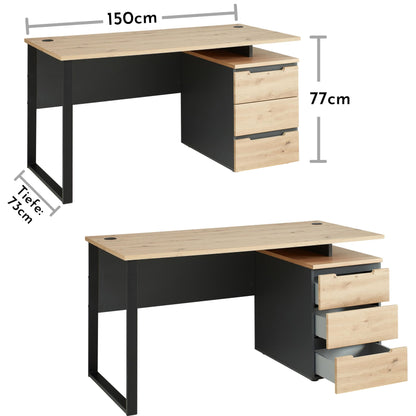 Stella Trading Schreibtisch Artisan Eiche/Graphit, Metallgestell & Rollcontainer, 150x77x73 cm