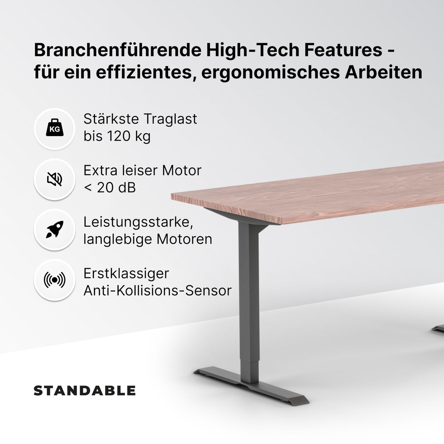 Standable Desk 200x90 cm, Elektrisch höhenverstellbar (70-120 cm), 4 Speicherstufen, Ergonomisch