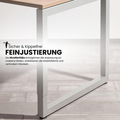 bümö R-Serie Schreibtisch 200x100 cm, Weiß/Silber, Manuell höhenverstellbar, Großer PC-Tisch