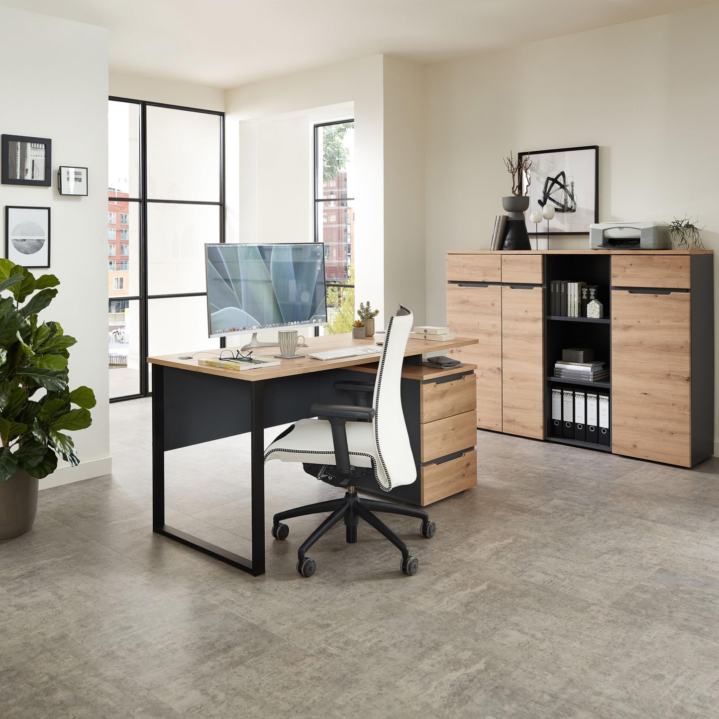 Stella Trading Schreibtisch Artisan Eiche/Graphit, Metallgestell & Rollcontainer, 150x77x73 cm