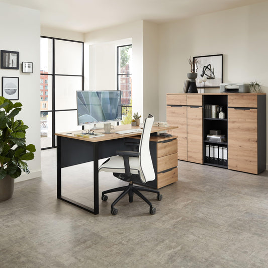 Stella Trading Schreibtisch Artisan Eiche/Graphit, Metallgestell & Rollcontainer, 150x77x73 cm