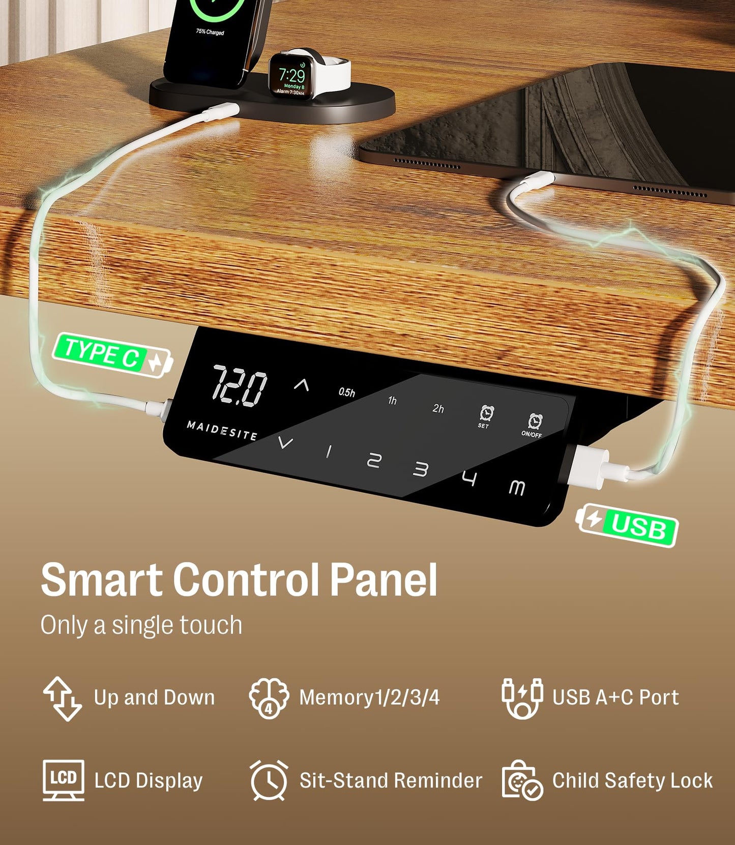 MAIDeSITe S2 Pro 140x70 cm, Elektrisch höhenverstellbar, Dualmotor (160kg Last), Kollisionsschutz